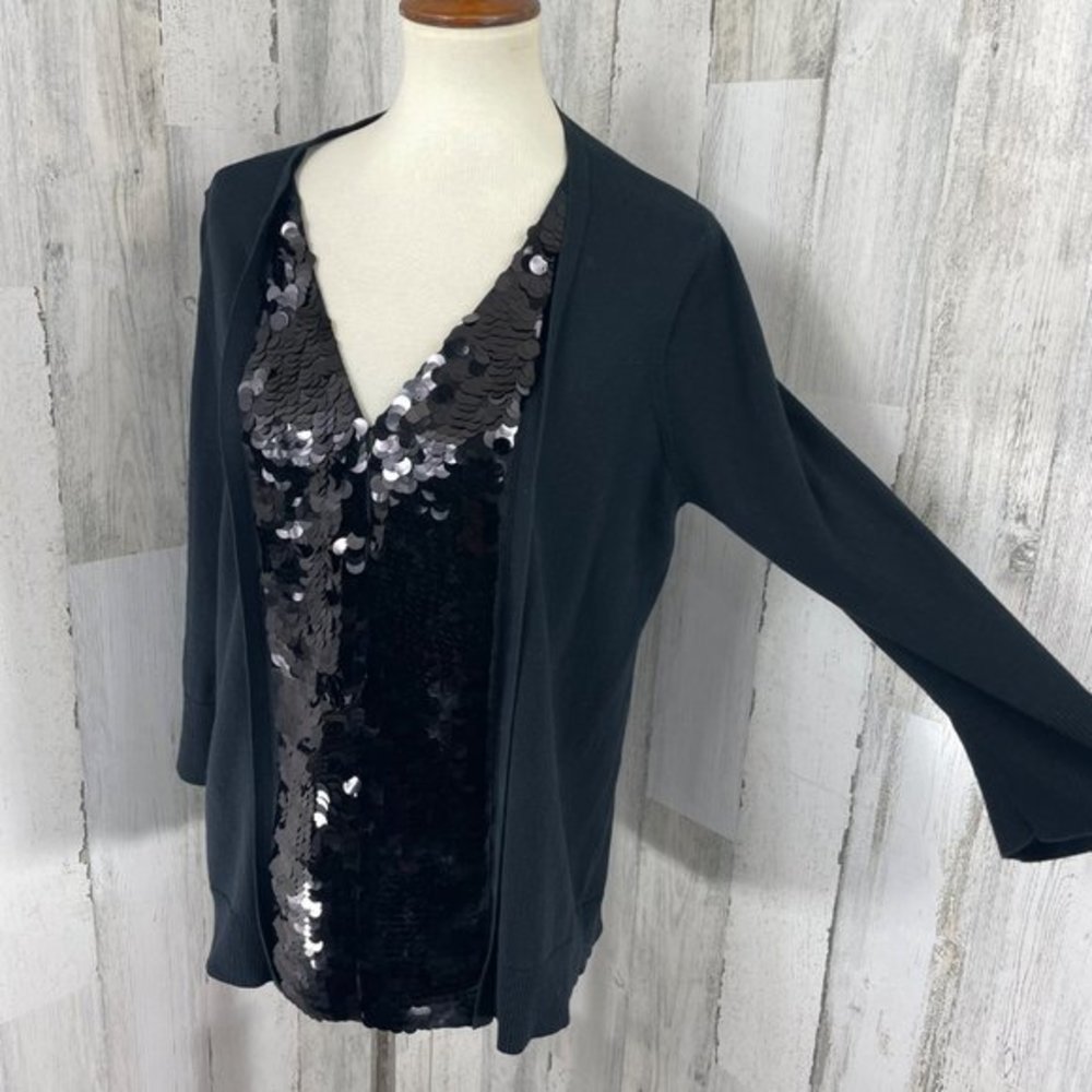 LOGO by Lori Goldstein Women's Black Sequin V Neck Cardigan Sweater Sz Large